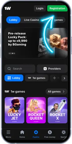 1Win Casino homepage with popular games and registration button
