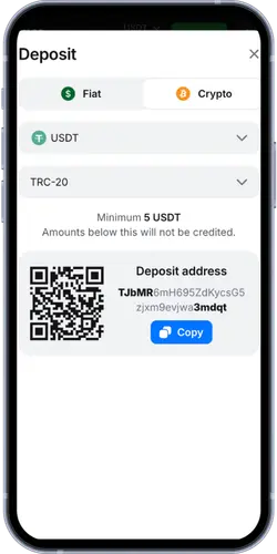 Deposit screen in 1Win Casino with USDT crypto address and QR code