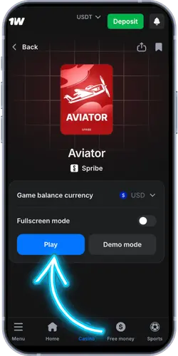 Aviator game page in 1Win Casino with Play button