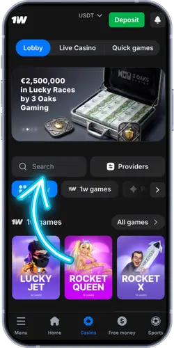 1Win Casino games lobby with search and popular games section